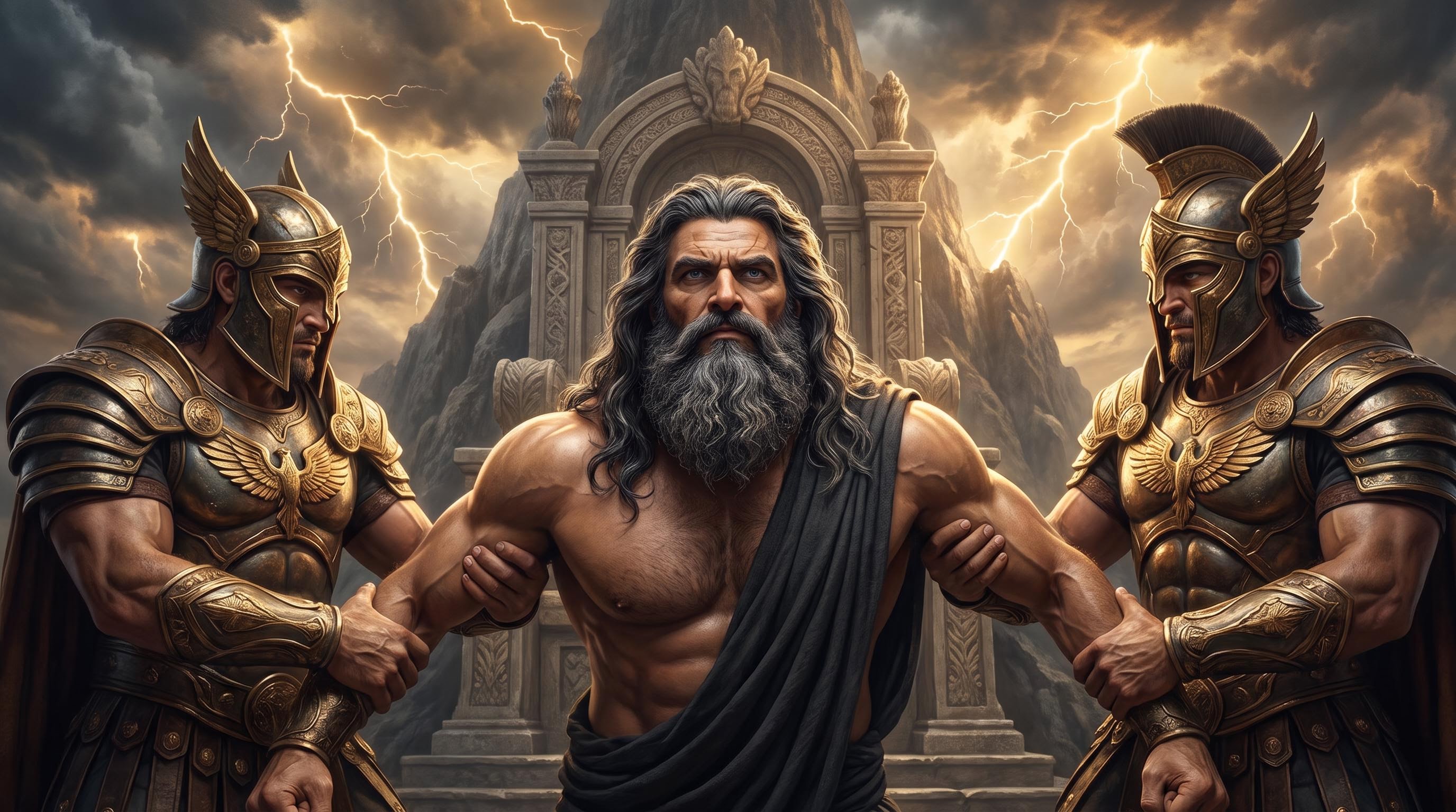 Prometheus held by armored enforcers before a stone throne, defiant