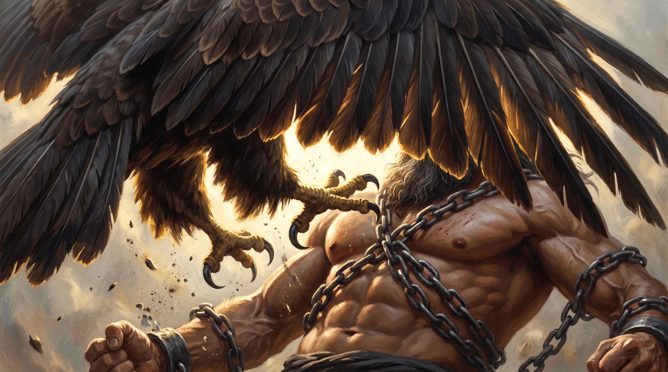 Macro close-up of an eagle's talons descending toward Prometheus's chained torso