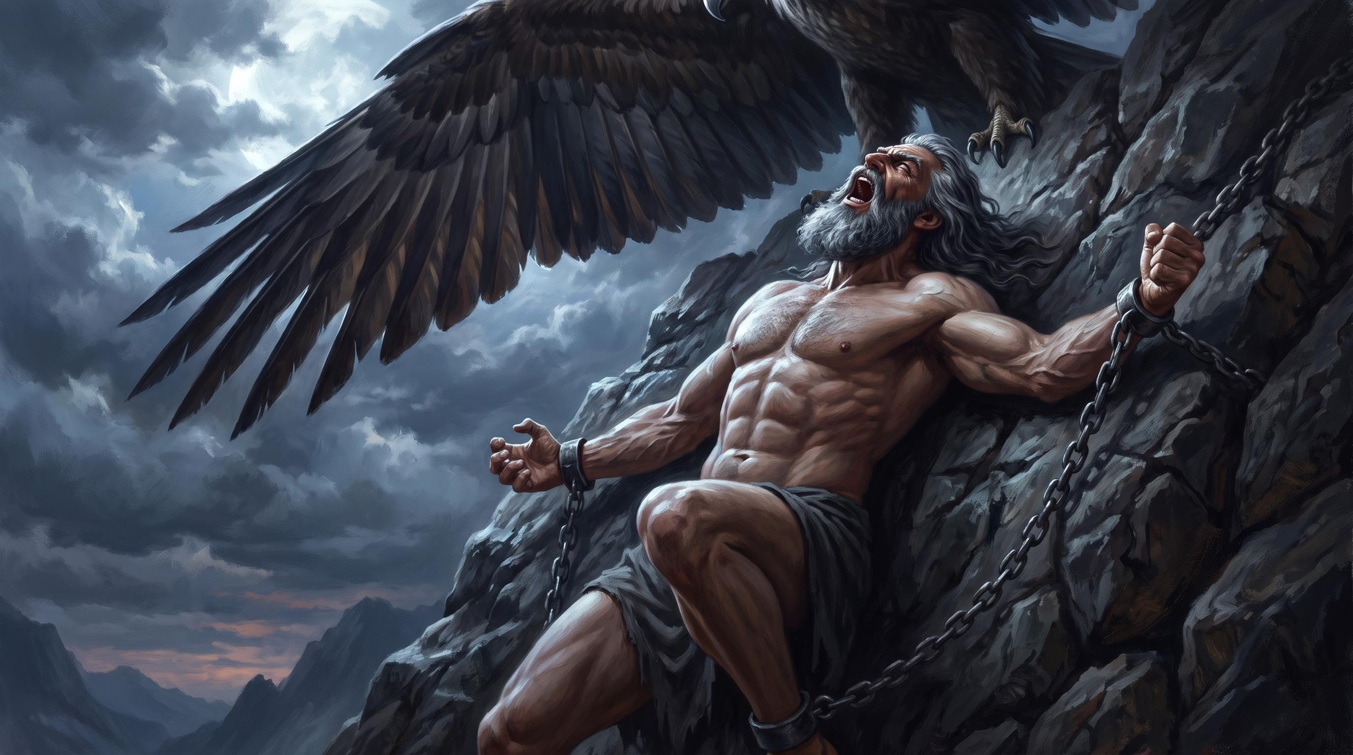 Prometheus in agony, head thrown back, as the eagle looms over him