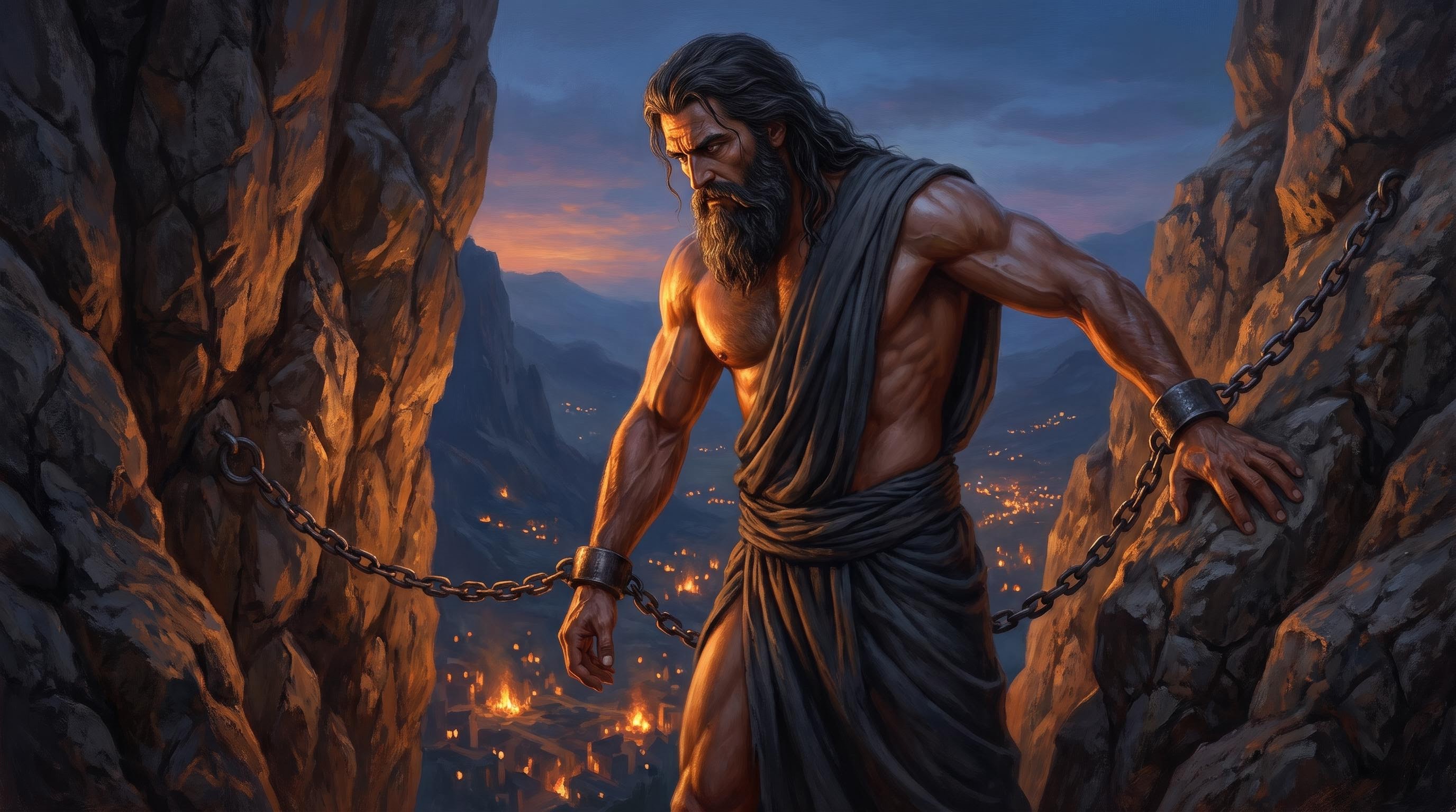 Prometheus looking down at distant human fires burning in the valley