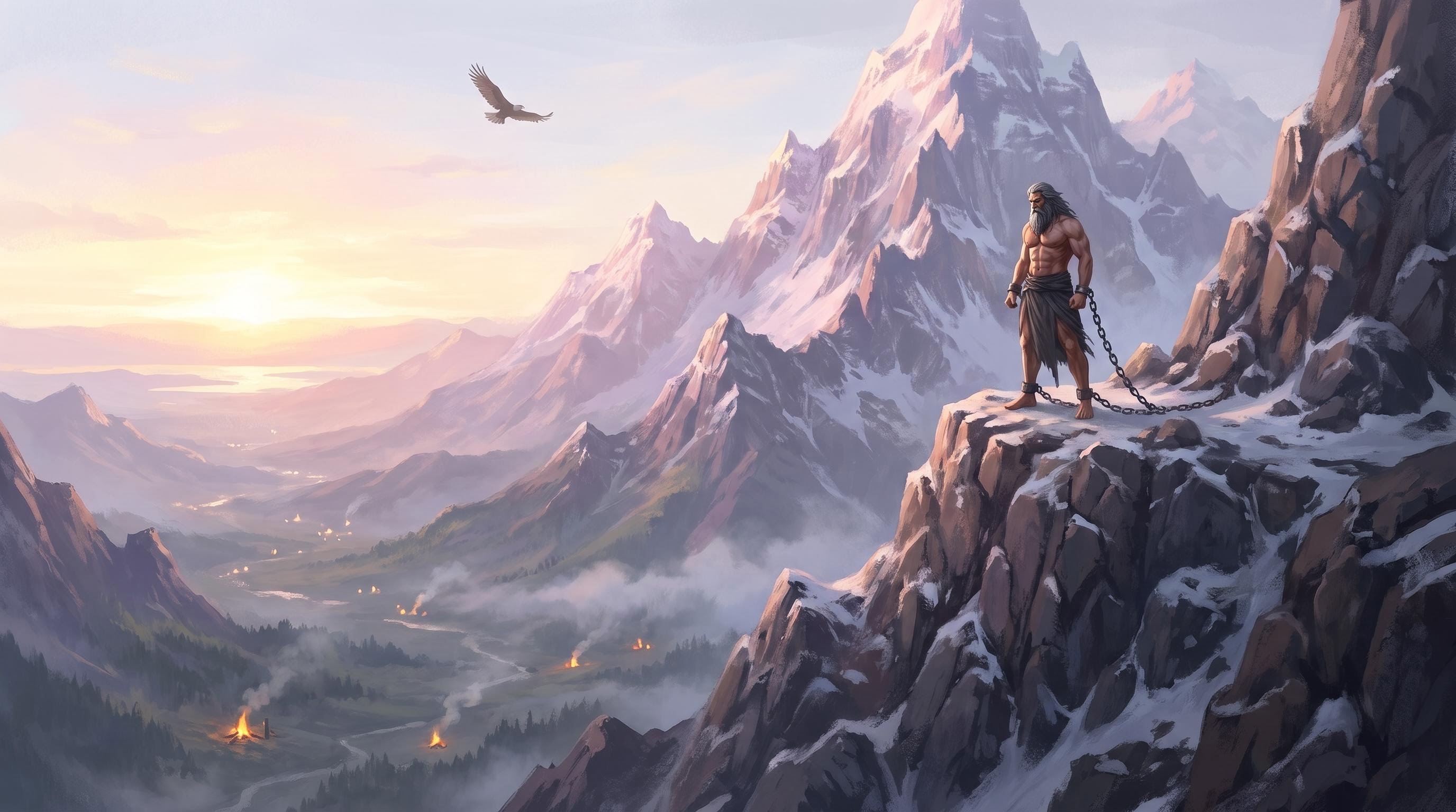 Wide dawn shot of Prometheus chained to a distant peak, an eagle circling