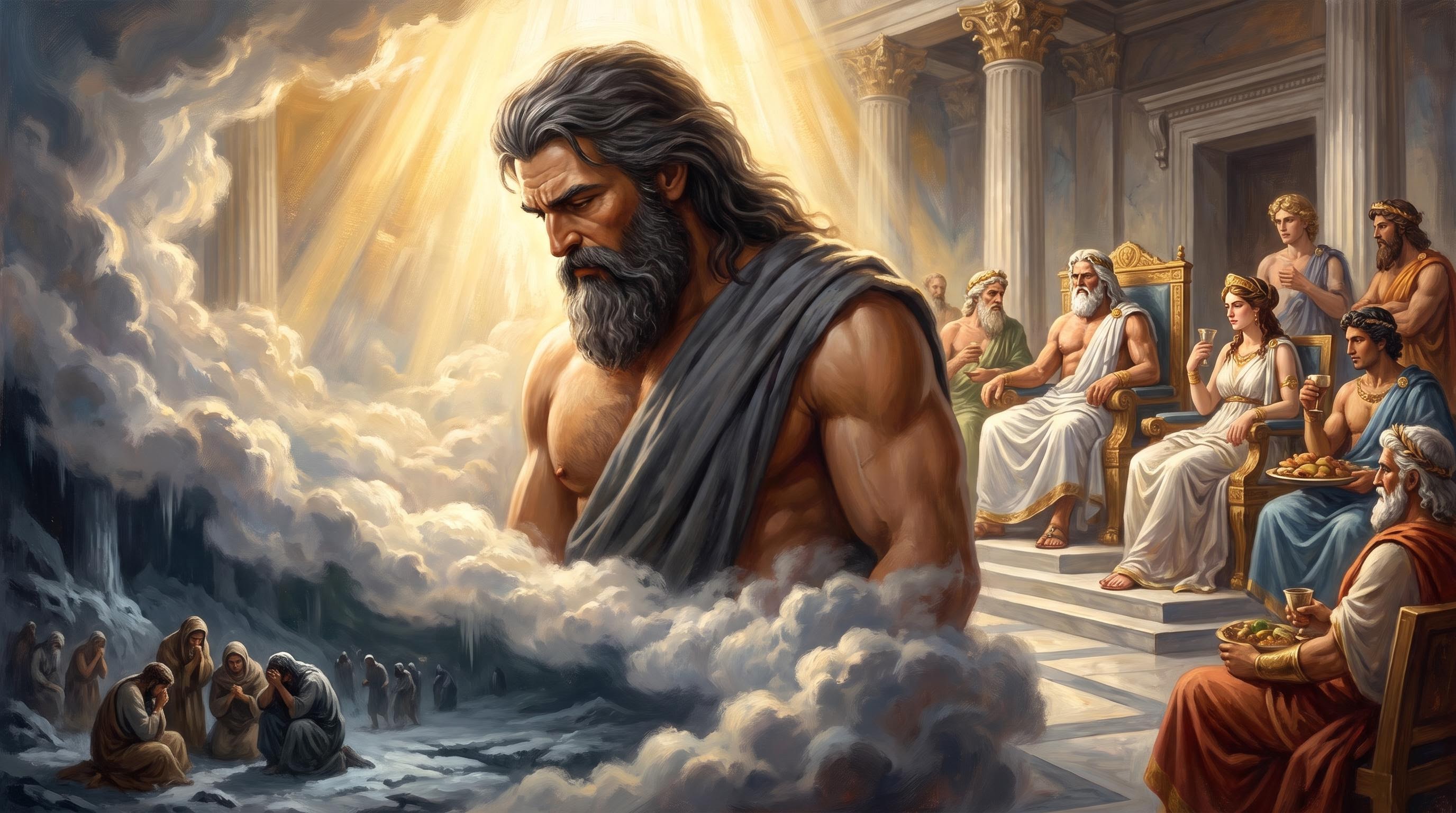Prometheus among the Olympian gods, watching struggling humans far below