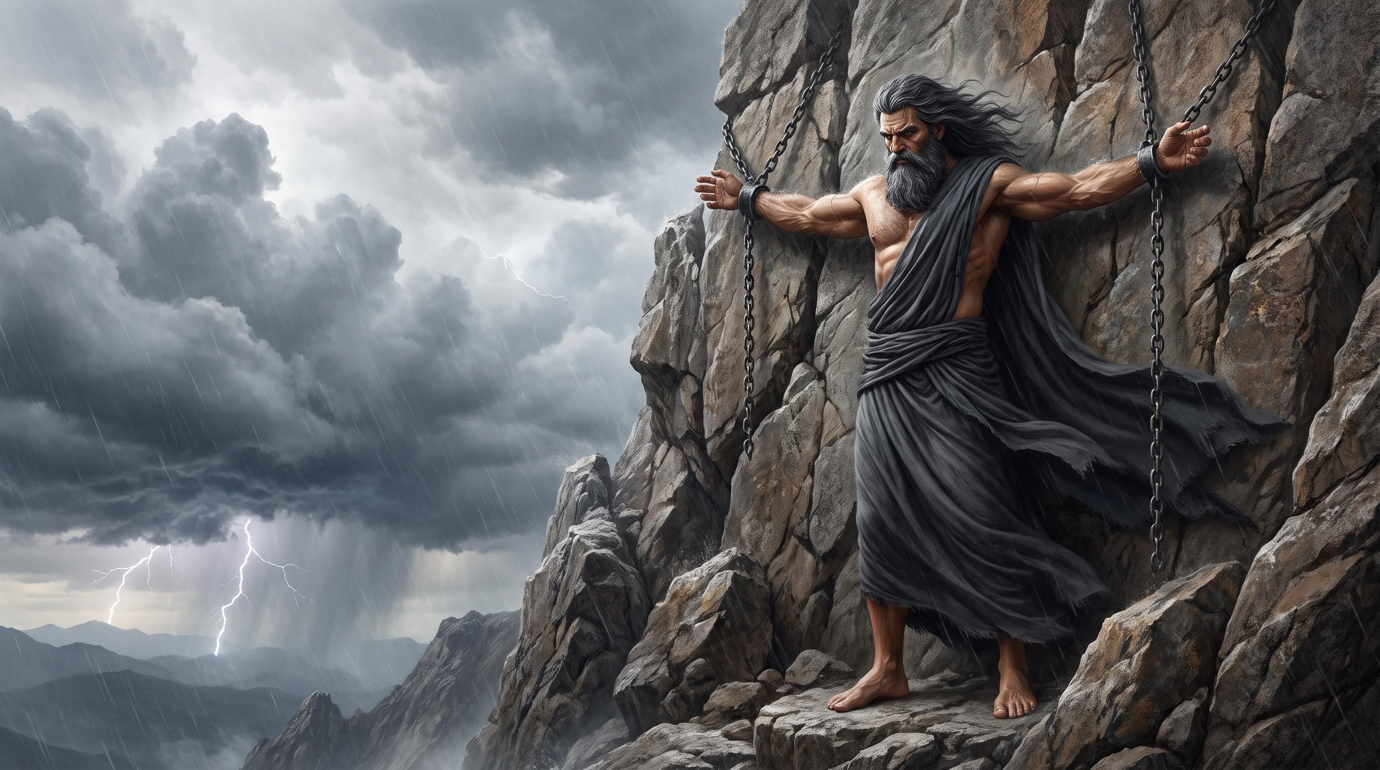 Prometheus chained by the wrists to a jagged mountain peak